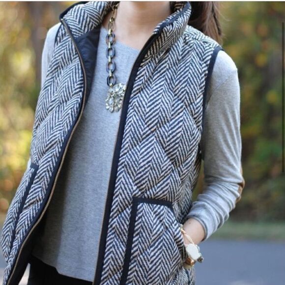 J Crew Excursion Quilted Puffer Vest Black Ivory Herringbone - Picture 2 of 14